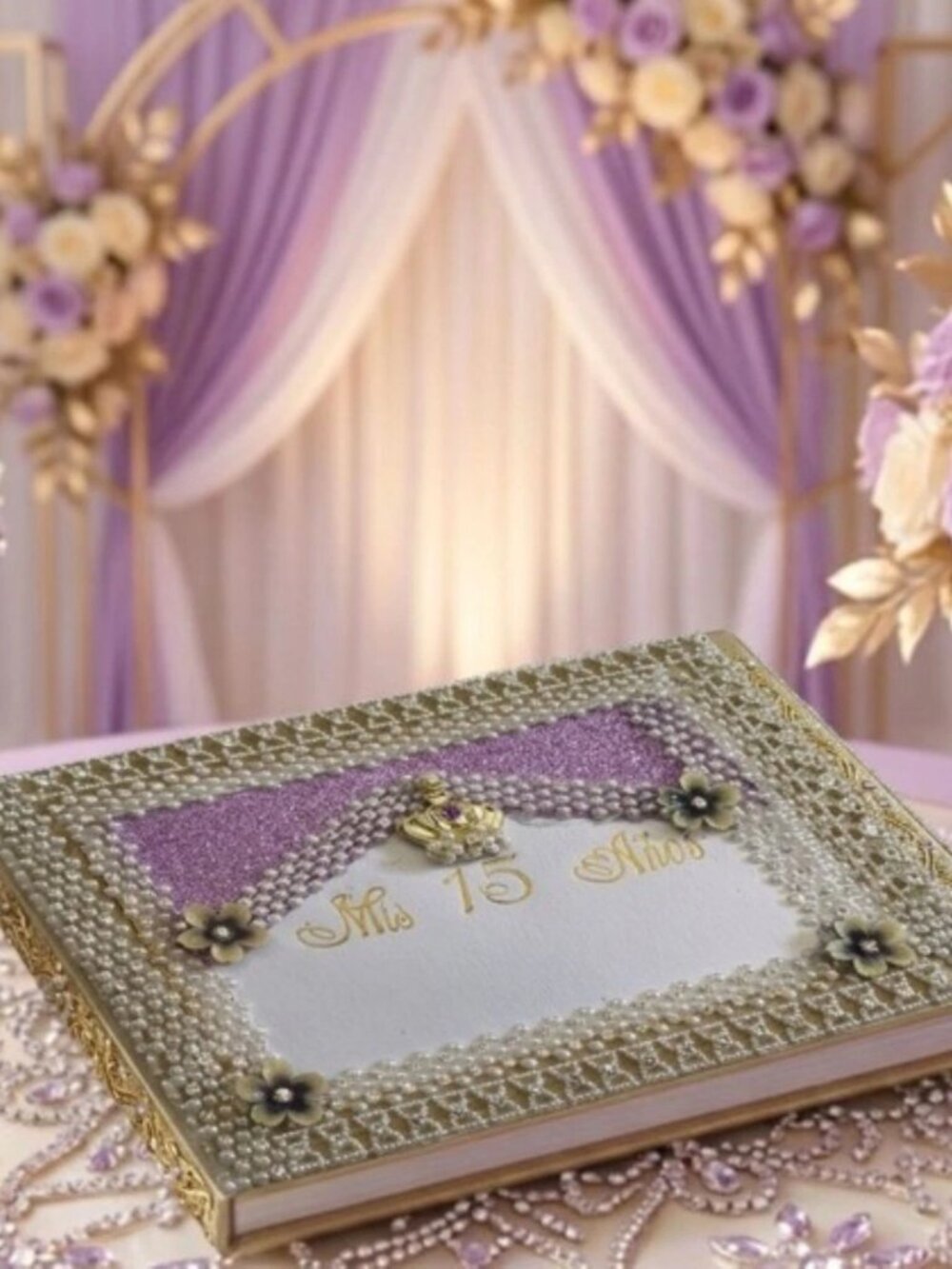 Exquisite "Mis 15 Años" Hand-Embellished Quinceañera Guest Book Lavender & Gold